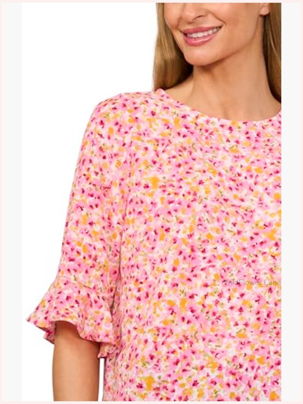 Women's Floral Ruffle Cuff Crew Neck 3/4 Sleeve Top Blouse - Picture 3 of 3